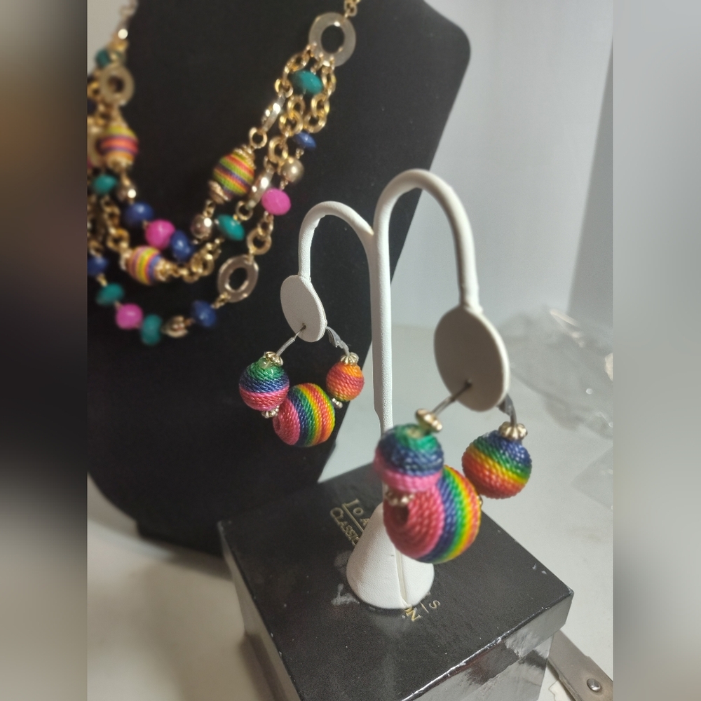 Colorful Beaded Pink Blue Teal To CTNecklace Earrings Set NWOT